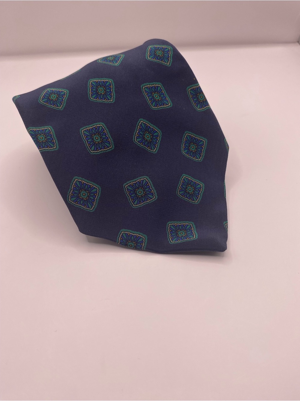 Fendi Navy Blue Silk Tie with Teal and Light Blue Medallions